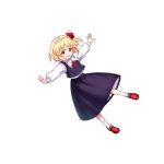  1girl :d black_skirt black_vest blonde_hair embodiment_of_scarlet_devil frilled_skirt frills full_body game_cg hair_ribbon highres long_sleeves looking_at_viewer open_mouth outstretched_arms red_eyes red_footwear red_ribbon ribbon rotte_(1109) rumia short_hair simple_background skirt smile socks solo third-party_source touhou touhou_lost_word vest white_background white_socks 