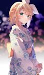  1girl aqua_eyes blonde_hair blurry blurry_background bow braid breasts floral_print french_braid hair_bow hair_ornament hairclip highres japanese_clothes kagamine_rin kimono light_blush looking_at_viewer mani_(manidrawings) nervous night night_sky obi sash short_hair sideways_glance sideways_mouth sky small_breasts solo swept_bangs vocaloid white_bow white_kimono yellow_sash 