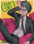  1boy ahoge black_jacket black_necktie black_pants brown_eyes brown_hair collared_shirt danganronpa_(series) danganronpa_3_(anime) dress_shirt forehead_tattoo grey_shirt hand_on_own_forehead highres hinata_hajime i-hara jacket necktie open_clothes open_jacket pants pillow shirt shirt_tucked_in short_hair sitting sweat tearing_up tie_clip translation_request yellow_background 