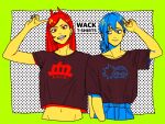  2girls arm_up black_shirt blue_hair blue_nails chainsaw_man crop_top cross-shaped_pupils drgryu750 hair_ornament hairclip halftone halftone_background higashiyama_kobeni highres horns limited_palette long_hair looking_at_viewer looking_to_the_side midriff mole mole_on_cheek mole_under_eye multiple_girls multiple_moles parted_lips power_(chainsaw_man) red_horns red_nails redhead sharp_teeth shirt short_hair short_ponytail side_ponytail single_sidelock smile symbol-shaped_pupils teeth 