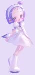  1girl absurdres arms_behind_back blush boots dress forehead grey_background hairband high_side_ponytail highres holding_own_wrist magical_girl musical_note ojamajo_doremi open_mouth puffy_short_sleeves puffy_sleeves purple_hair purple_ribbon ribbon segawa_onpu short_hair short_sleeves solo toiku violet_eyes white_dress white_footwear white_hairband 