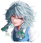  1girl blue_eyes braid commentary_request grey_hair izayoi_sakuya looking_at_viewer lowres maid maid_headdress parted_lips side_braids signature simple_background smile solo takana_(forsterite) touhou twin_braids upper_body white_background 