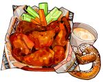  buffalo_wings carrot celery chicken_(food) commentary cup drink english_commentary fast_food food food_focus fried_chicken jadenvargen no_humans original pretzel simple_background still_life vegetable white_background wrapper 