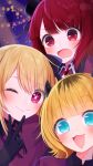  3girls :3 amakami_konomi_(artist) arima_kana black_gloves black_ribbon blonde_hair blue_eyes blurry blurry_background blush bob_cut capelet closed_mouth collared_capelet collared_shirt commentary demon_horns fake_horns gloves hair_between_eyes hat hat_ribbon highres horns hoshino_ruby idol idol_clothes inverted_bob looking_at_viewer memcho mini_hat mini_top_hat multiple_girls neck_ribbon no_pupils one_eye_closed open_mouth oshi_no_ko pink_eyes red_brooch red_capelet red_eyes red_shirt redhead ribbon shadow shirt short_hair smile sparkle star-shaped_pupils star_(symbol) symbol-shaped_pupils top_hat upper_body v 