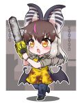  1girl animal_ears apron bat_ears bat_girl bat_wings brown_eyes brown_hair brown_long-eared_bat_(kemono_friends) chainsaw dead_by_daylight extra_ears grey_hair highres kemono_friends kemono_friends_v_project long_hair mabuta_(mbt) necktie open_mouth pants parody shirt shoes simple_background solo virtual_youtuber wings 