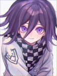  1boy blush checkered_clothes checkered_scarf closed_mouth danganronpa_(series) danganronpa_v3:_killing_harmony flipped_hair grey_jacket highres jacket long_sleeves looking_at_viewer male_focus oma_kokichi pink_eyes purple_hair scarf smile solo upper_body urami0310 white_background 