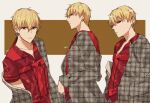  1boy artist_name blonde_hair buttons closed_mouth commentary_request earrings fate/grand_order fate_(series) gilgamesh_(fate) highres jacket jacket_partially_removed jewelry long_sleeves looking_at_viewer open_clothes open_jacket plaid plaid_jacket red_eyes short_hair short_sleeves shu_(oshigoto_boshuuchuu) upper_body 