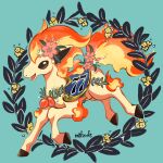  animal_focus blue_background brown_eyes fiery_hair fiery_tail flower hair_flower hair_ornament highres hooves horse mi_ho_chi no_humans nostrils occa_berry open_mouth pink_flower pokemon pokemon_(creature) ponyta saddle solo tail wreath yellow_flower 