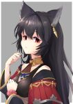  1girl animal_ears bare_shoulders black_hair border breasts closed_mouth commentary_request earrings erune granblue_fantasy grey_background hair_between_eyes hand_on_own_chest highres jewelry long_hair looking_at_viewer medium_breasts nier_(granblue_fantasy) outside_border red_eyes simple_background single_earring solo white_border zooanime 