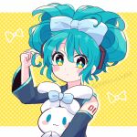  1girl :3 blue_bow blue_eyes blue_hair blush_stickers borrowed_hairstyle bow cinnamiku cinnamoroll closed_mouth detached_sleeves ear_bow folded_twintails hair_between_eyes hair_bow hair_twirling hatsune_miku highres nikoru number_tattoo shoulder_tattoo tattoo tied_ears twitter_username updo upper_body vocaloid 