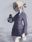  1girl black_necktie black_ribbon black_skirt blonde_hair closed_mouth collared_shirt dual_wielding grey_background gun hair_ribbon handgun highres holding holding_gun holding_knife holding_weapon jacket kill_me_baby knife long_hair long_sleeves necktie pleated_skirt profile ribbon school_uniform shirt simple_background skirt smoke solo sonya_(kill_me_baby) twintails very_long_hair weapon white_shirt yachima_tana 