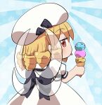  1girl blonde_hair blush dress drill_hair fairy fairy_wings food hat holding holding_food ice_cream luna_child puffy_short_sleeves puffy_sleeves red_eyes rokugou_daisuke short_hair short_sleeves signature solo tongue tongue_out touhou white_dress white_headwear wings 