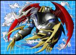  armor barlume_(barlzar) blue_background cannon claws clouds digimon digimon_(creature) dragon flying highres horns imperialdramon no_humans open_mouth red_eyes sharp_teeth signature spikes teeth white_hair wings 