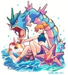  1girl absurdres adapted_costume armpits artist_name asymmetrical_hair bare_legs bikini blue_bikini breasts cowboy_shot eyelashes goldeen green_eyes gyarados hair_tie highres holding holding_poke_ball legs misty_(pokemon) miyama_(vsxt5238) navel open_mouth orange_hair poke_ball poke_ball_(basic) pokemon pokemon_(game) pokemon_frlg ponytail shirt short_hair shorts side_ponytail small_breasts solo starmie swimsuit thighs water 