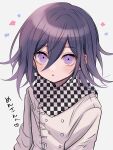  1boy :o blush checkered_clothes checkered_scarf danganronpa_(series) danganronpa_v3:_killing_harmony grey_jacket highres jacket long_sleeves medium_hair oma_kokichi open_mouth pink_eyes purple_hair scarf solo translation_request unmoving_pattern upper_body urami0310 