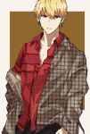  1boy blonde_hair buttons collared_shirt commentary_request earrings fate/grand_order fate_(series) gilgamesh_(fate) highres jacket jacket_partially_removed jewelry long_sleeves looking_at_viewer male_focus open_clothes open_jacket parted_lips plaid plaid_jacket red_eyes shirt short_hair short_sleeves shu_(oshigoto_boshuuchuu) solo 