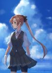  1girl akigumo_(kancolle) bike_shorts bike_shorts_under_skirt black_shorts black_skirt blue_sky brown_hair clouds collared_shirt cosplay cowboy_shot day gloves green_eyes grey_vest hair_ribbon haruka_faraway716 highres kantai_collection long_hair miniskirt neck_ribbon pleated_skirt ponytail red_ribbon ribbon school_uniform shiranui_(kancolle) shiranui_(kancolle)_(cosplay) shirt short_sleeves shorts shorts_under_skirt skirt sky solo standing very_long_hair vest white_gloves white_shirt 