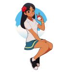  1girl black_eyes black_hair bracelet breasts commentary dark-skinned_female dark_skin english_commentary flower full_body hair_flower hair_ornament hanpetos holding holding_poke_ball invisible_chair jewelry lass_(pokemon) long_hair miniskirt open_mouth poke_ball poke_ball_(basic) pokemon pokemon_(game) pokemon_sm polo_shirt sitting skirt small_breasts solo thick_eyebrows w 