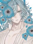  1boy alternate_eye_color alternate_hair_color blue_eyes blue_flower blue_hair chiyu_(ixix_zzz) flower genshin_impact hair_between_eyes hair_flower hair_ornament hair_over_one_eye highres kaveh_(genshin_impact) long_hair looking_to_the_side one_eye_covered open_mouth serious simple_background solo upper_body white_background 