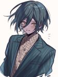  1boy alternate_costume black_hair blush breast_pocket brown_eyes collared_shirt cropped_torso danganronpa_(series) danganronpa_v3:_killing_harmony dress_shirt green_jacket grin hair_between_eyes highres jacket plaid plaid_shirt pocket saihara_shuichi shirt short_hair simple_background smile solo striped striped_jacket teeth upper_body urami0310 white_background 