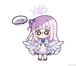  ... 0725akaba 1girl black_footwear blue_archive blue_bow bow capelet chibi commentary_request dress feathered_wings flower frilled_dress frills hair_bun hair_flower hair_ornament halo highres long_hair low_wings mika_(blue_archive) one_side_up pink_hair purple_flower shadow shoes simple_background single_side_bun solo spoken_ellipsis teardrop twitter_username very_long_hair white_background white_capelet white_dress white_wings wings 