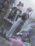  2girls adjusting_another&#039;s_clothes apron black_dress black_jacket bush clouds cloudy_sky dress flower frilled_apron frills hair_bun highres holding holding_suitcase jacket maid maid_apron maid_headdress multiple_girls original outdoors purple_hair sky sora-bakabon suitcase twintails white_apron 