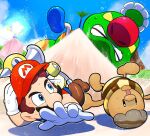  2boys beach blue_eyes brown_footwear brown_hair day f.l.u.d.d. facial_hair gloves hat highres hoshi_(star-name2000) male_focus mario multiple_boys mustache noki open_mouth outdoors red_headwear sand shoes super_mario_bros. super_mario_sunshine sweat white_gloves wiggler 