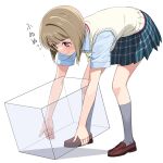  1girl a1 blue_shirt bob_cut box brown_footwear brown_hair green_skirt holding holding_box loafers love_live! love_live!_nijigasaki_high_school_idol_club nakasu_kasumi nijigasaki_academy_school_uniform plaid plaid_skirt red_eyes school_uniform shirt shoes short_hair short_sleeves skirt socks solo sweat sweater_vest translation_request white_socks 