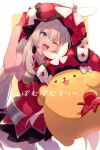  1girl :3 animal blue_eyes commentary_request crossover dog dress echo_(circa) fate/grand_order fate_(series) gloves hair_between_eyes hat large_hat long_hair looking_at_viewer marie_antoinette_(fate) one_eye_closed open_mouth pompompurin red_dress red_gloves red_headwear sanrio sleeveless sleeveless_dress smile teeth thigh-highs translation_request twintails twitter_username upper_teeth_only very_long_hair white_hair white_thighhighs 