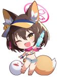  1girl :d animal_ear_fluff animal_ears arm_at_side arm_up ball beachball bikini blue_archive bottle brown_hair chibi commentary_request double-parted_bangs eyelashes fang flower fox_ears fox_girl fox_mask fox_tail grey_shorts hair_between_eyes halo happy hat hat_flower head_tilt highres holding holding_bottle izuna_(blue_archive) izuna_(swimsuit)_(blue_archive) looking_at_viewer mask medium_hair micro_shorts one_eye_closed open_mouth ramune red_scarf same_(samefgo) sandals scarf scrunchie shorts skin_fang smile solo spiky_hair standing striped striped_bikini striped_scrunchie swimsuit tail visor_cap wrist_scrunchie yellow_flower 