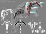  alj0708 commentary concept_art eve_online flying frigate_(eve_online) from_side gallente_federation_(eve_online) glowing grey_background grey_theme highres military_vehicle multiple_views original reference_sheet science_fiction spacecraft thrusters vehicle_focus 