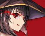  1girl :q black_headwear bright_pupils brown_hair close-up closed_mouth commentary eye_trail from_side hat highres kono_subarashii_sekai_ni_shukufuku_wo! light_trail looking_at_viewer looking_to_the_side lyourika megumin profile red_background red_eyes short_hair short_hair_with_long_locks sidelocks simple_background solo tongue tongue_out witch_hat 