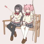  2girls akemi_homura arrow_(projectile) arrow_in_body black_hair black_leggings black_skirt blush bow bow_(weapon) bowtie brown_footwear collar crossed_arms father_shot_by_son_(meme) grey_background hand_on_own_thigh holding holding_bow_(weapon) holding_weapon jewelry juliet_sleeves kaname_madoka leggings loafers long_hair long_sleeves mahou_shoujo_madoka_magica meme miniskirt mitakihara_school_uniform multiple_girls pink_eyes pink_hair plaid plaid_skirt pleated_skirt pocket puffy_sleeves reclining red_bow red_bowtie ring school_uniform shoes short_hair sitting skirt smile sweater violet_eyes weapon white_collar white_leggings wooden_bench yellow_sweater yuno385 