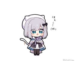  0725akaba 1girl :d animal_ears animal_hat beret black_bow black_footwear black_pantyhose black_skirt blue_eyes blush bow cat_ears cat_hat cat_tail chibi cloak commentary_request cross fake_animal_ears full_body grey_hair grey_shirt hair_bow hat kaga_sumire key latin_cross pantyhose shirt shoes skirt smile solo standing tail translation_request twitter_username virtual_youtuber vspo! white_cloak white_headwear wrist_cuffs 