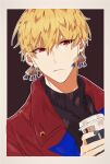  1boy black_shirt blonde_hair border closed_mouth commentary_request cup earrings fate/grand_order fate_(series) fingernails gilgamesh_(fate) highres holding holding_cup jewelry lapels looking_at_viewer male_focus nail_polish red_eyes shirt short_hair shu_(oshigoto_boshuuchuu) solo teacup turtleneck 