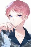  1boy absurdres blue_eyes closed_mouth commentary_request ensemble_stars! fingernails floral_print hand_up highres itsuki_shu male_focus partial_commentary pink_hair short_bangs short_hair simple_background solo sweat upper_body wednesday_108 white_background 