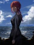  1girl black_dress blue_sky braid braided_ponytail chainsaw_man chromatic_aberration cliff clouds cloudy_sky dress highres kota_2kx looking_at_viewer looking_back makima_(chainsaw_man) medium_hair redhead ringed_eyes shore sidelocks sky solo yellow_eyes 