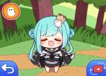  0725akaba 1girl absurdres arrow_(symbol) barefoot black_dress black_jacket blue_hair blurry blurry_background blush bug butterfly chibi closed_eyes commentary_request crown depth_of_field double_bun dress facing_viewer forest frilled_dress frills gradient_hair hair_bun hand_cursor highres hololive jacket jacket_on_shoulders long_hair mini_crown multicolored_hair nature open_mouth parody pink_hair play_button pokemon pokemon-amie pokemon_(game) pokemon_xy solo tilted_headwear tree twintails twitter_username uruha_rushia uruha_rushia_(3rd_costume) very_long_hair virtual_youtuber 