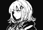  1girl absurdres black_background closed_mouth danganronpa_(series) danganronpa_2:_goodbye_despair flipped_hair galaga greyscale hair_ornament highres hood hood_down hooded_jacket jacket kyua_moto medium_hair monochrome nanami_chiaki neck_ribbon ribbon simple_background sketch solo 