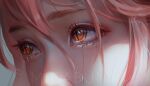  1girl absurdres artist_name chainsaw_man close-up commentary cross-shaped_pupils crying crying_with_eyes_open eye_focus eyelashes hair_between_eyes highres looking_ahead micabuns orange_eyes pink_hair portrait power_(chainsaw_man) realistic signature solo symbol-shaped_pupils tears yellow_eyes 