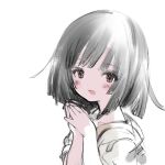  1girl black_hair blush brown_eyes dot_nose fingernails highres monogatari_(series) open_mouth own_hands_together sailor_collar school_uniform sengoku_nadeko short_hair short_sleeves simple_background solo toiku upper_body white_background 