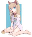 1girl 40hara absurdres animal_ears bare_shoulders blue_eyes cat_ears cat_girl cat_tail evermind full_body highres kinako_(40hara) long_hair looking_at_viewer on_floor open_mouth original simple_background solo tail thigh-highs white_background