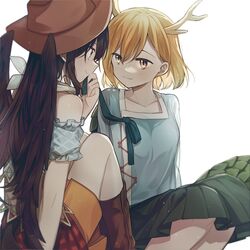  2girls antlers bandana bare_shoulders blonde_hair blue_shirt blue_skirt boots bow breasts brown_hair brown_headwear brown_wings chinese_commentary closed_mouth collarbone commentary_request cowboy_boots cowboy_hat dragon_girl dragon_tail eye_contact feathered_wings green_bow hair_behind_ear hat horse_girl horse_tail inuko_(ink0425) kicchou_yachie kurokoma_saki long_hair looking_at_another multiple_girls off-shoulder_shirt off_shoulder plaid plaid_skirt ponytail shirt short_hair short_sleeves sitting skirt small_breasts smile square_neckline tail touhou turtle_shell white_background white_bandana wings yellow_eyes yellow_horns yokozuwari yuri 