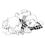  broken_toy buttons checkered_clothes checkered_scarf cosplay danganronpa_(series) danganronpa_v3:_killing_harmony greyscale grin hani_kamu lying monochrome no_humans oma_kokichi oma_kokichi_(cosplay) scarf smile stuffed_toy teeth 