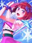  1girl arima_kana commentary_request happy highres idol idol_clothes jojimageorgenft open_mouth oshi_no_ko red_eyes redhead ribbon short_hair smile solo 
