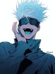  1boy artist_name black_coat blindfold blue_tongue coat colored_tongue deltapork gojou_satoru highres jujutsu_kaisen looking_at_viewer open_mouth short_hair shouting signature simple_background smile solo standing upper_body white_background 
