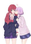  2girls asakura_hinata_(ayahina) ayahina_channel blue_sweater blush commentary_request highres hiiragi_ayaka_(ayahina) jewelry kiss kissing_cheek long_hair low_twintails multiple_girls necklace pink_sweater pleated_skirt purple_hair redhead school_uniform short_hair_with_long_locks skirt sweater twintails yuri 