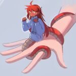  1girl absurdres ahoge blue_scarf blue_sweater clenched_hands coiled colored_skin fang hands_up highres lamia mini_person minigirl monster_girl nradiowave original pointy_ears red_scales red_skin redhead scales scarf sweater 