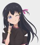  :q absurdres black_hair blush bracelet breast_pocket brown_shirt closed_mouth earrings finger_to_cheek hair_between_eyes hair_ribbon hand_up head_tilt highres idoly_pride index_finger_raised jewelry kon_wel72 long_bangs looking_at_viewer nagase_mana one_eye_closed one_side_up pink_ribbon pocket raised_eyebrows ribbon shirt short_sleeves sidelocks simple_background smile straight-on tongue tongue_out upper_body violet_eyes white_background 