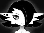  1girl :&lt; artist_logo black_background closed_mouth collarbone commentary ear_piercing english_commentary expressionless gardevoir greyscale hair_flaps hair_over_one_eye looking_at_viewer monochrome one_eye_covered piercing pokemon pokemon_(creature) portrait short_hair simple_background solo split_mouth straight-on winkyfaces 